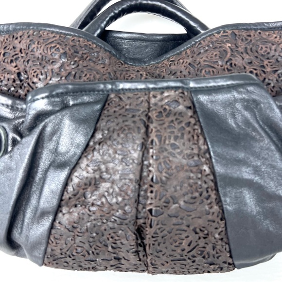 CC SKYE USA Black w Brown Cutout Laser Cut Leather Oversized Shoulder Bag Tote - Picture 2 of 14